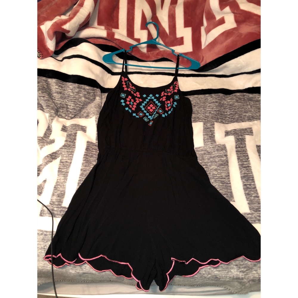 Blue/pink embroidered black romper